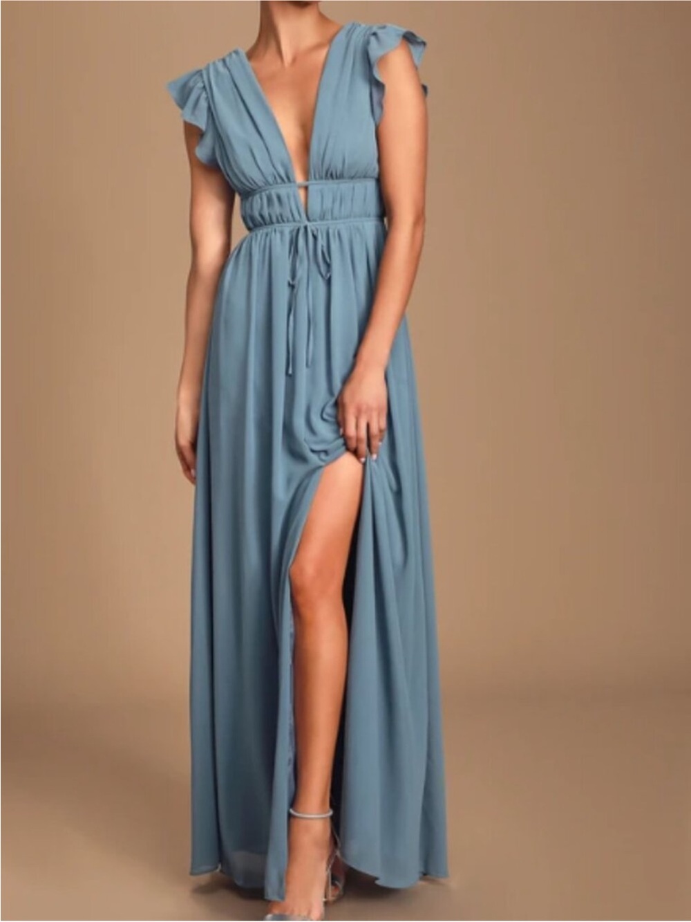 Lulus Elegant Dusty Blue V-Neck Maxi Dress L